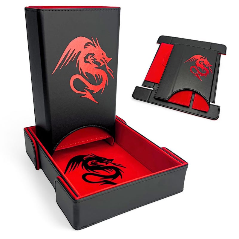 Luck Lab Folding Dice Tower and Dice Tray for RPG Table Top Gaming - Black/Red - Dragon Design - Image 1